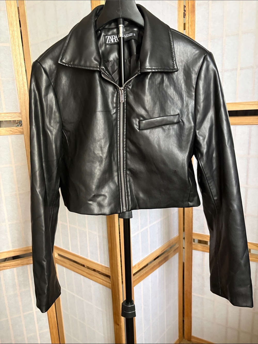 Zara Black Cropped Leather Zip Jacket
